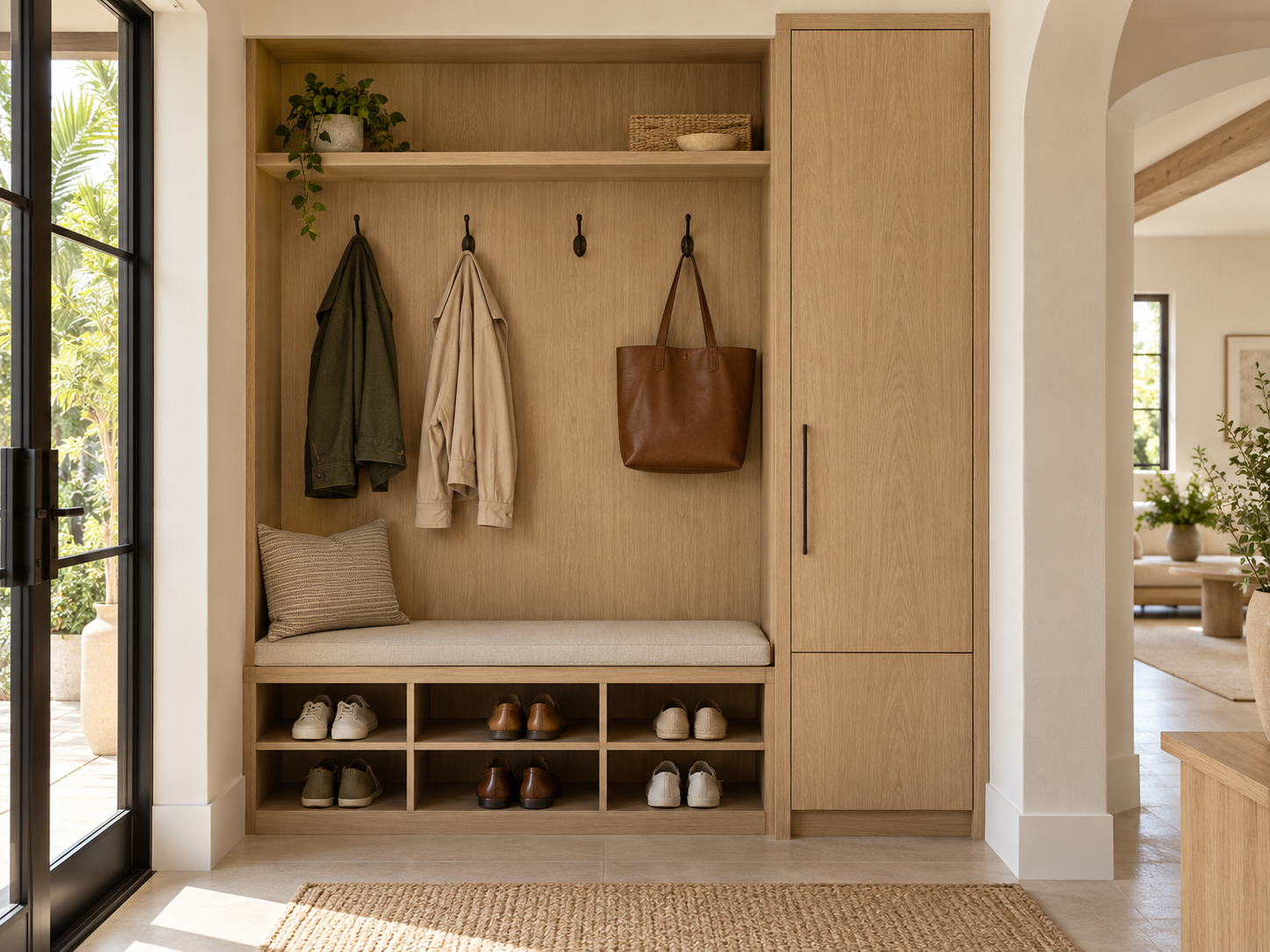 Illustrative pale-oak entry storage with a bench, hooks, shoe storage and a tall cabinet.