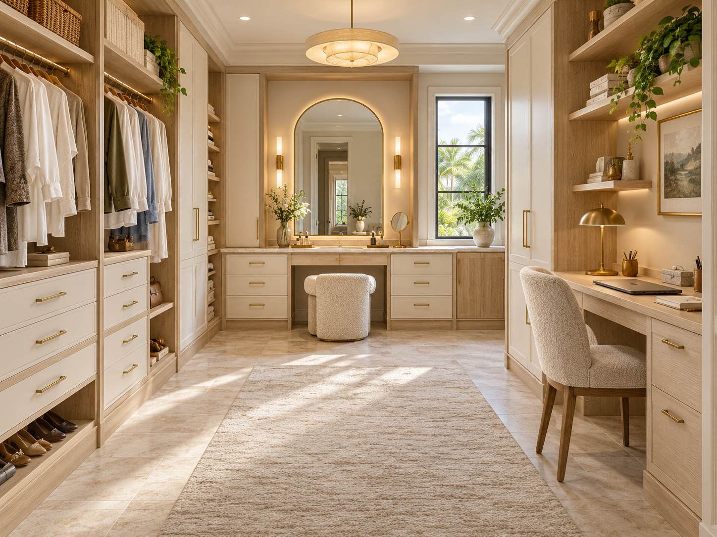 Illustrative custom closet suite with wardrobe cabinetry on the left, a vanity at the back and a separate desk on the right.