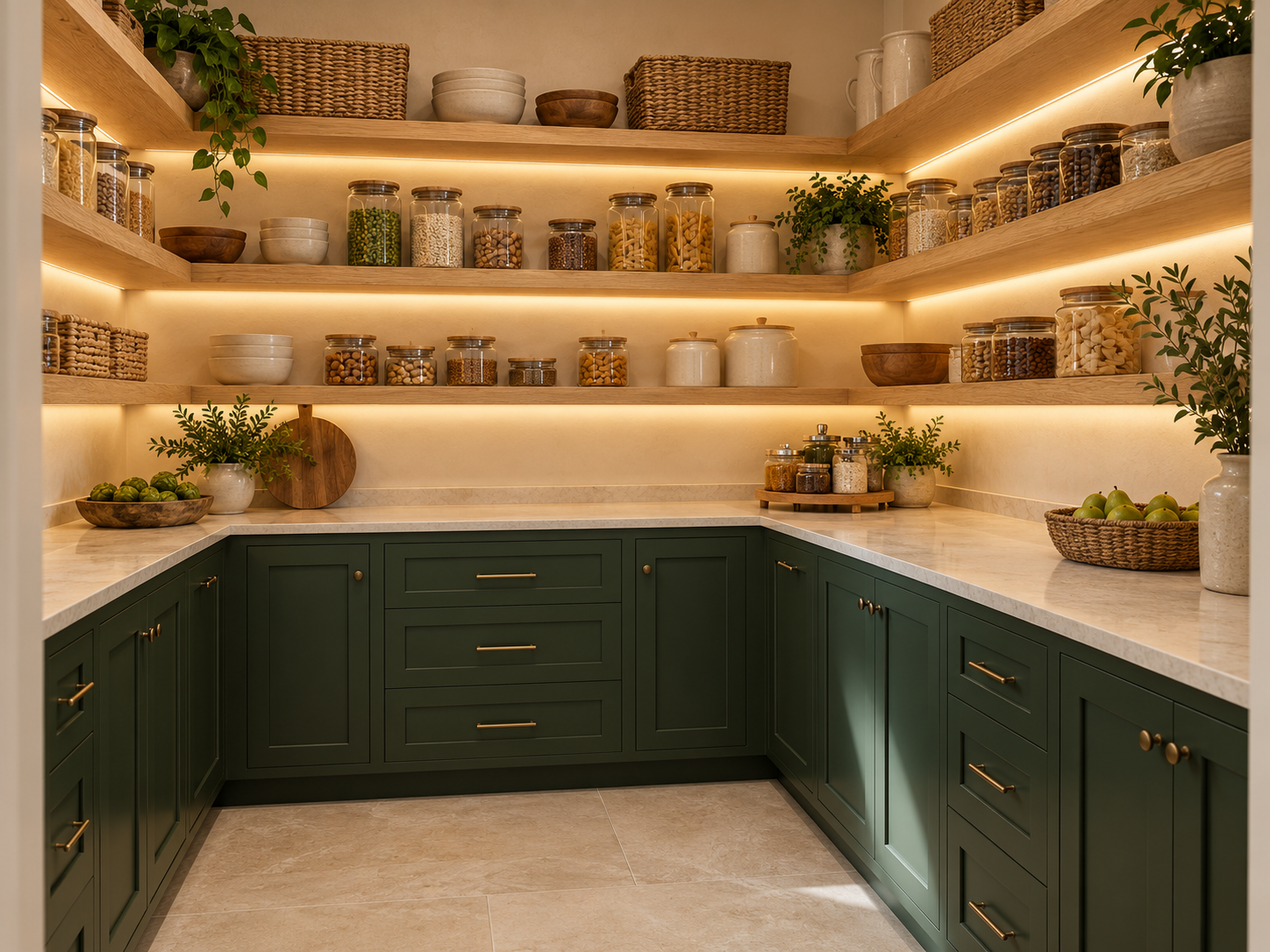 Illustrative walk-in pantry with deep green base cabinets, oak shelves and pale stone-look counters.