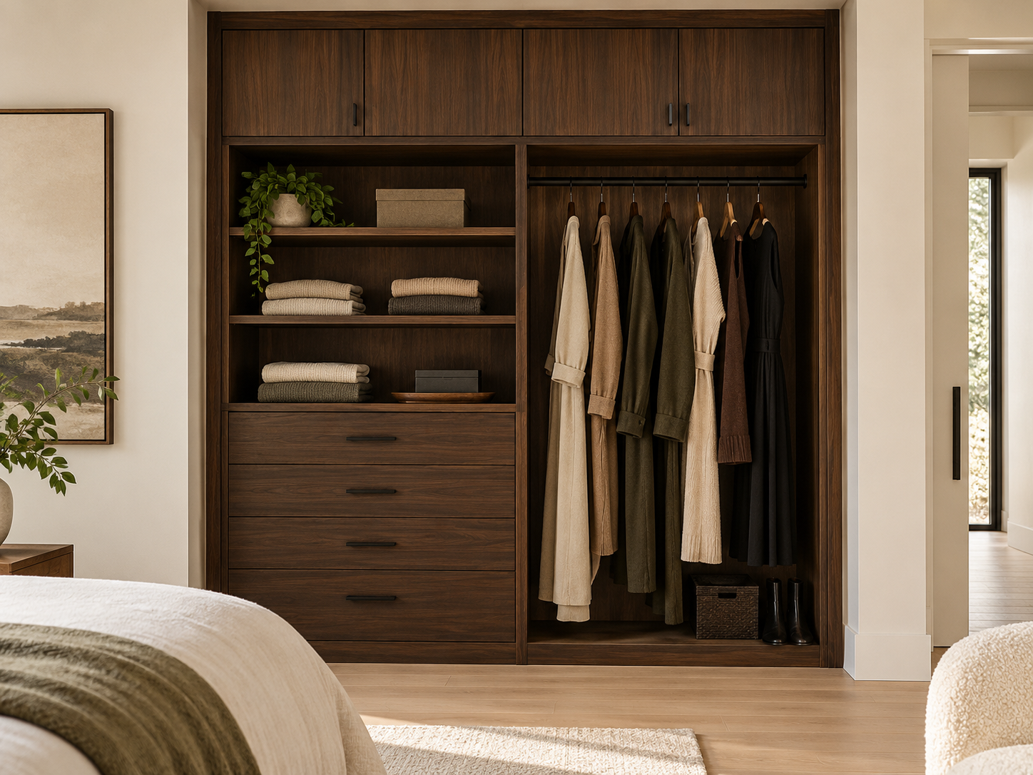 Illustrative darker walnut-look reach-in closet with long-hang storage, shelves, flat-panel drawers and upper closed cabinets.