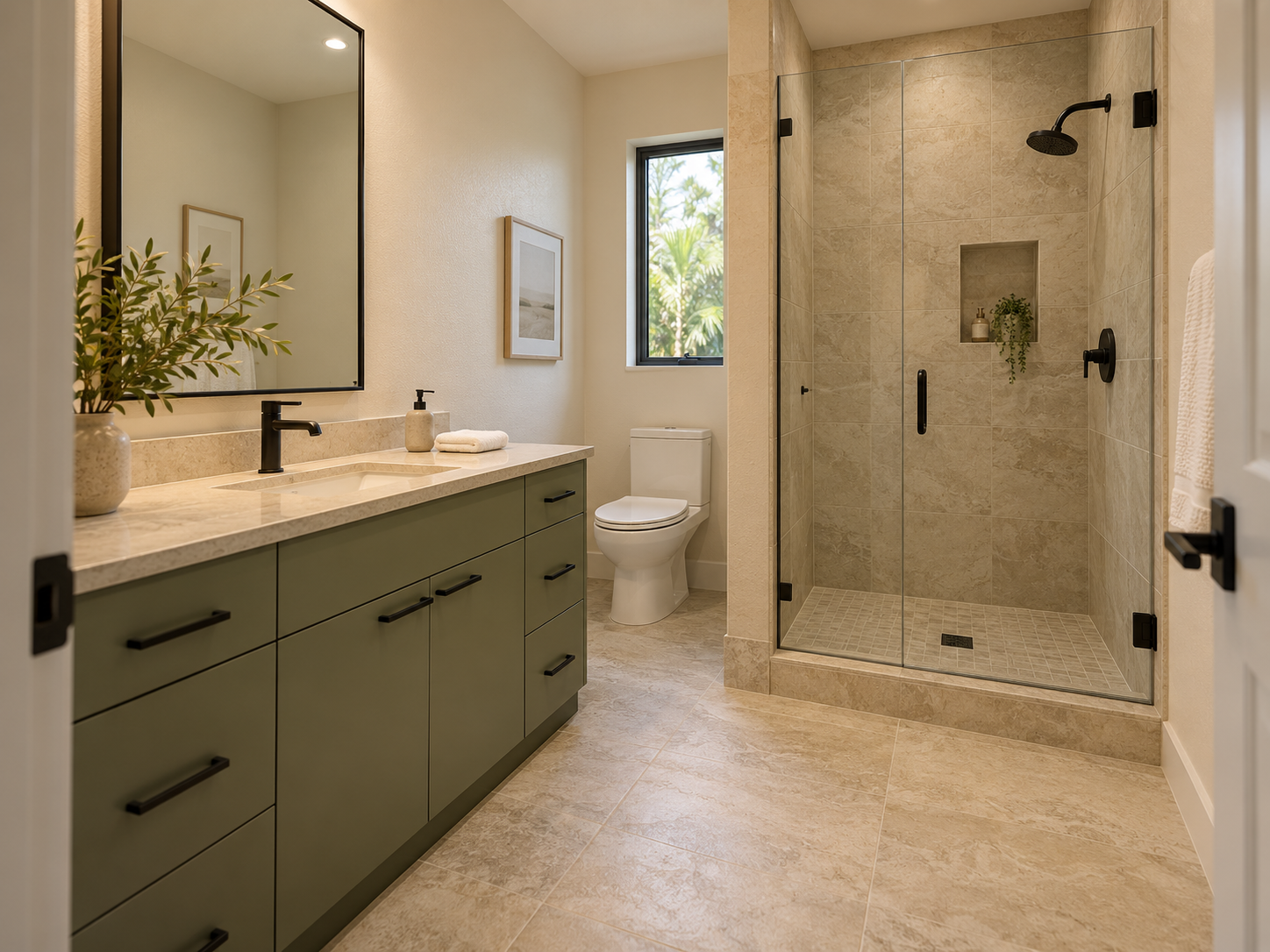 AI-generated bathroom concept: glass-enclosed shower, wide single-sink vanity, separate dry and wet zones.