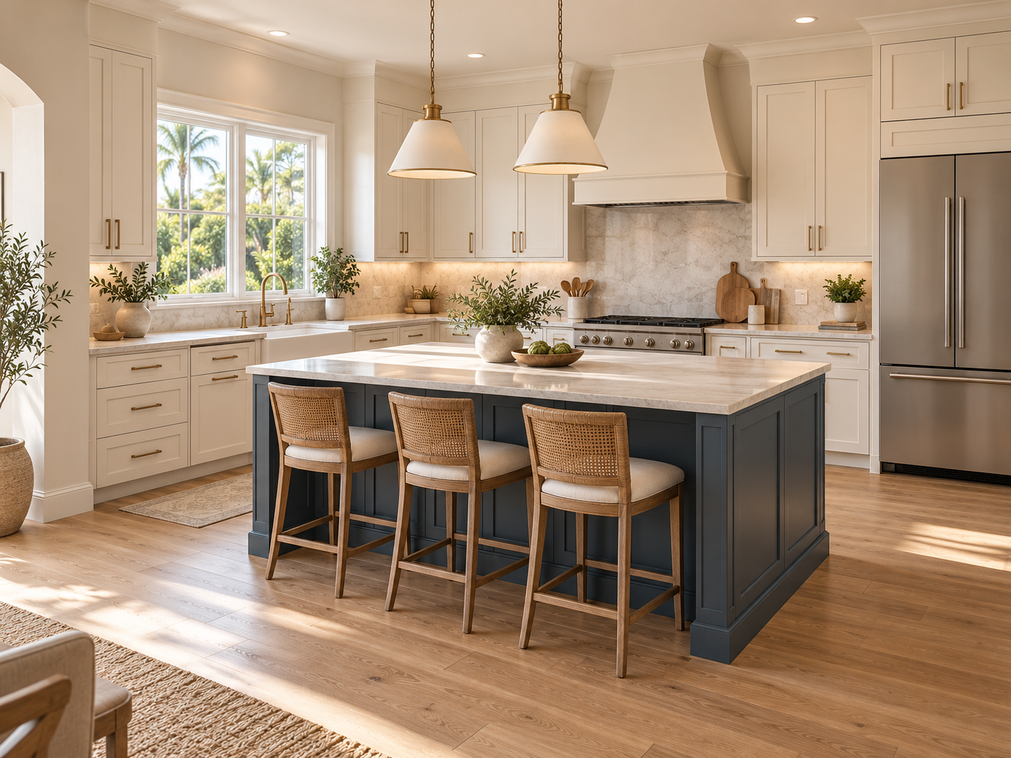 AI-generated design concept of the gathering kitchen: l-shaped perimeter cabinetry, separate prep island, three-seat social side.