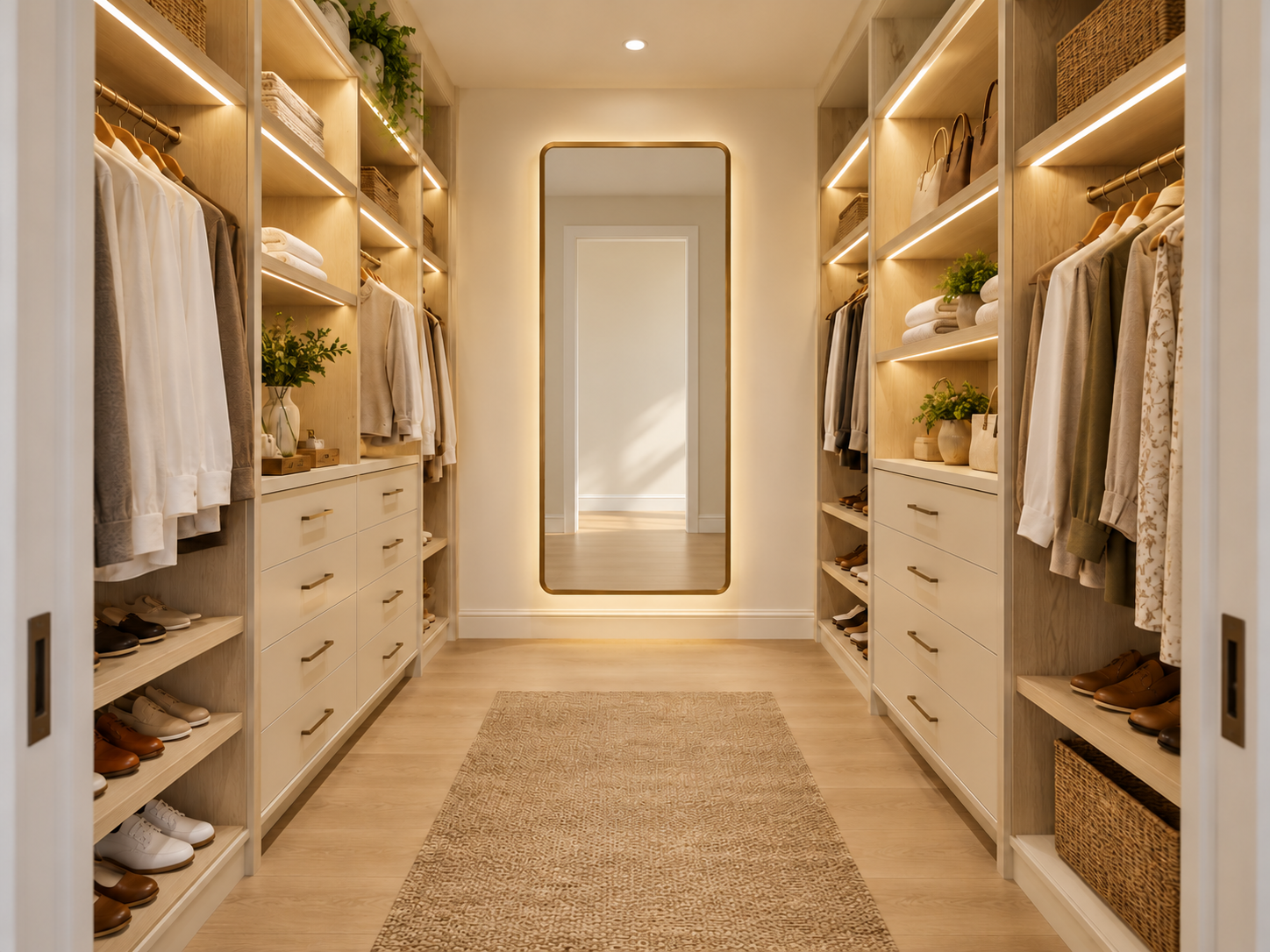 Illustrative light-oak and ivory walk-in closet with hanging storage, drawers and an open center aisle.