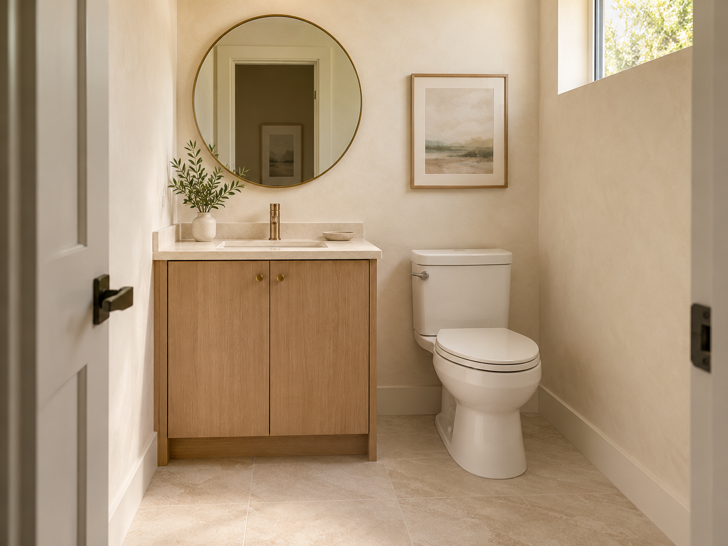 AI-generated bathroom concept: single-sink vanity, toilet and handwashing space, closed vanity storage.