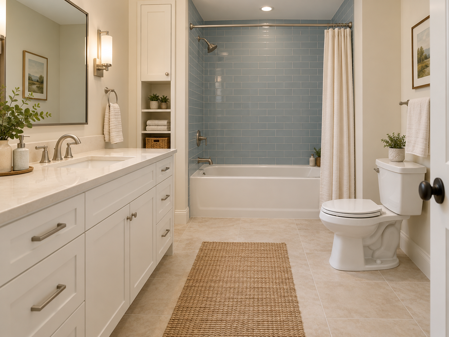 AI-generated bathroom concept: tub and overhead shower, separate single-sink vanity, everyday storage.
