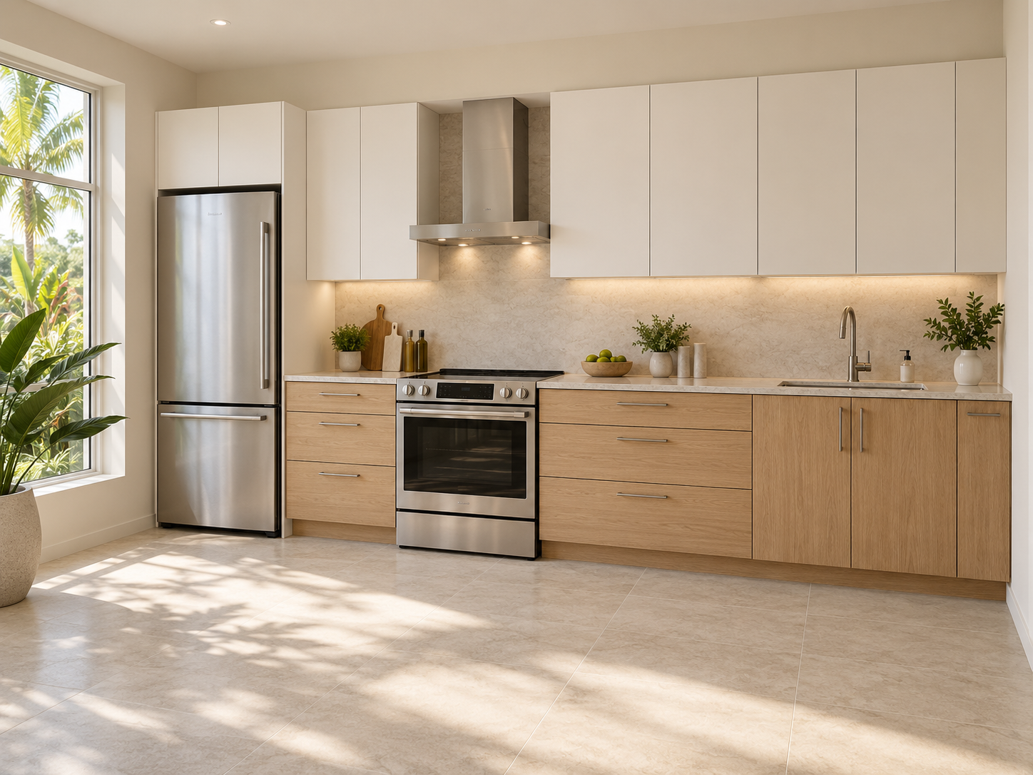 AI-generated design concept of the linear kitchen: single-wall cabinet run, separated cooking and sink zones, tall refrigerator storage.