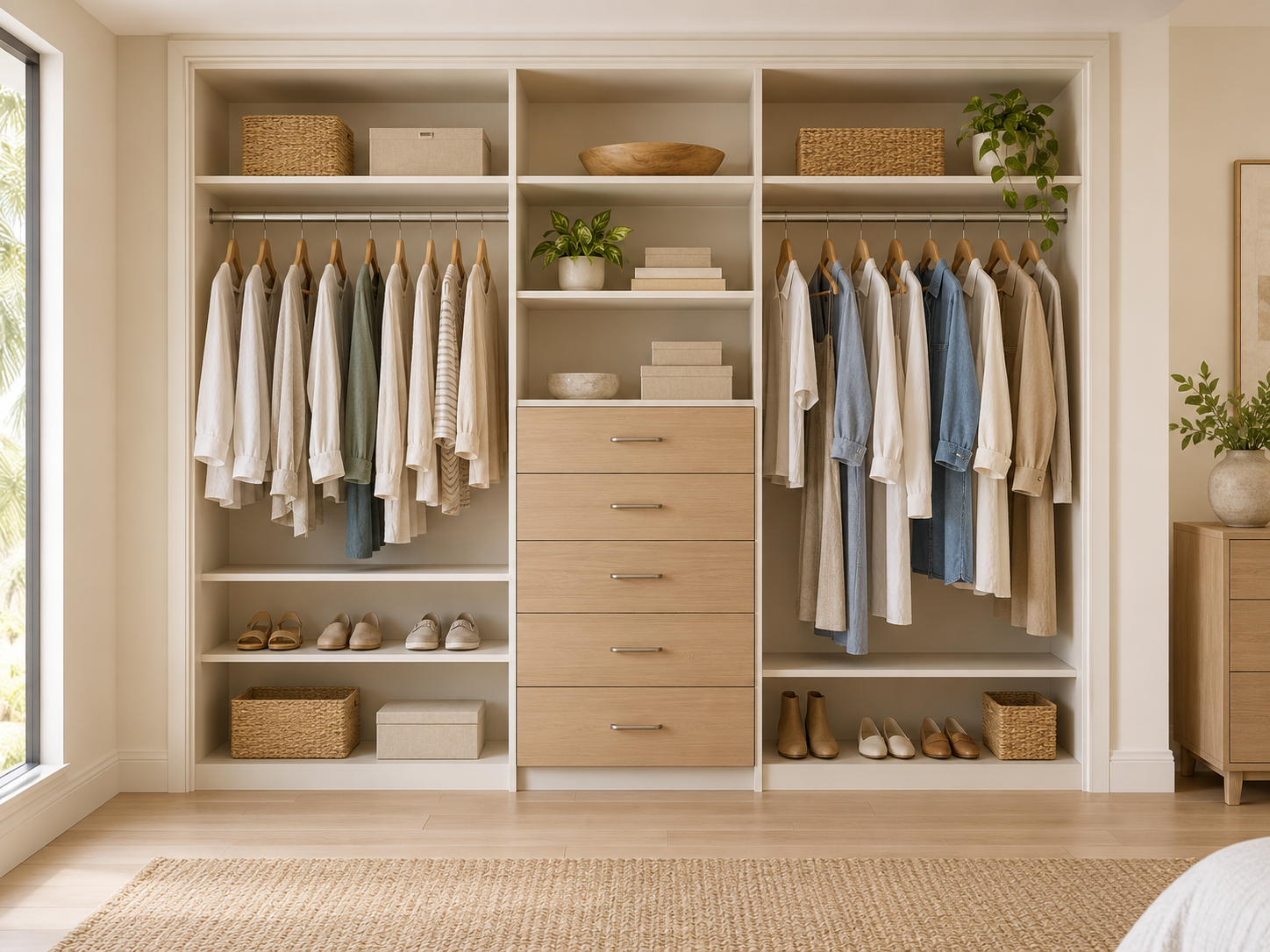 Illustrative warm-white reach-in closet with an oak drawer tower, hanging sections and shoe storage.