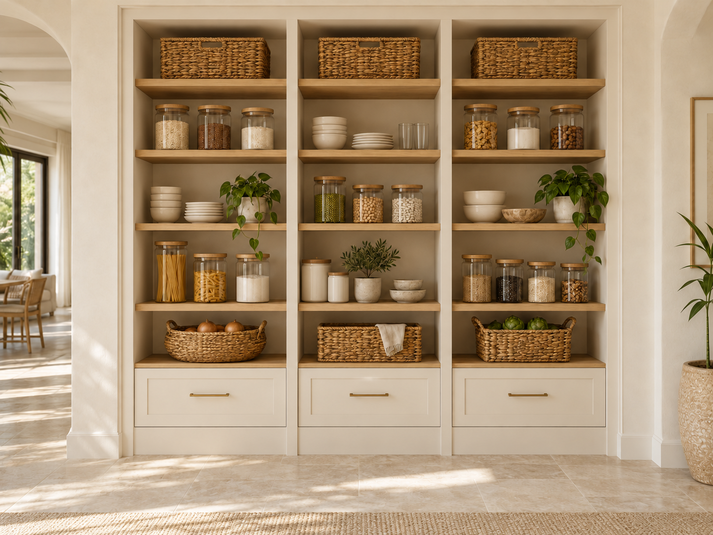 Illustrative ivory and light-oak reach-in pantry with open shelving, jars, baskets and lower storage.