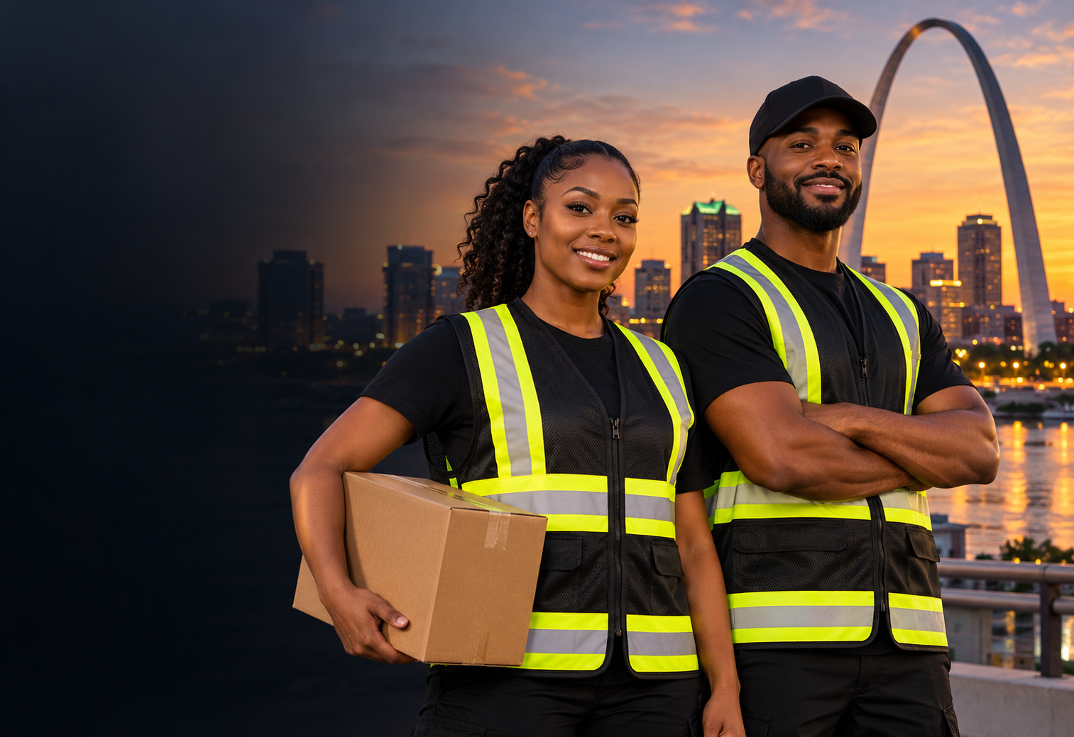 Black male and female couriers wearing generic high-visibility delivery vests with the St. Louis skyline and Gateway Arch behind them