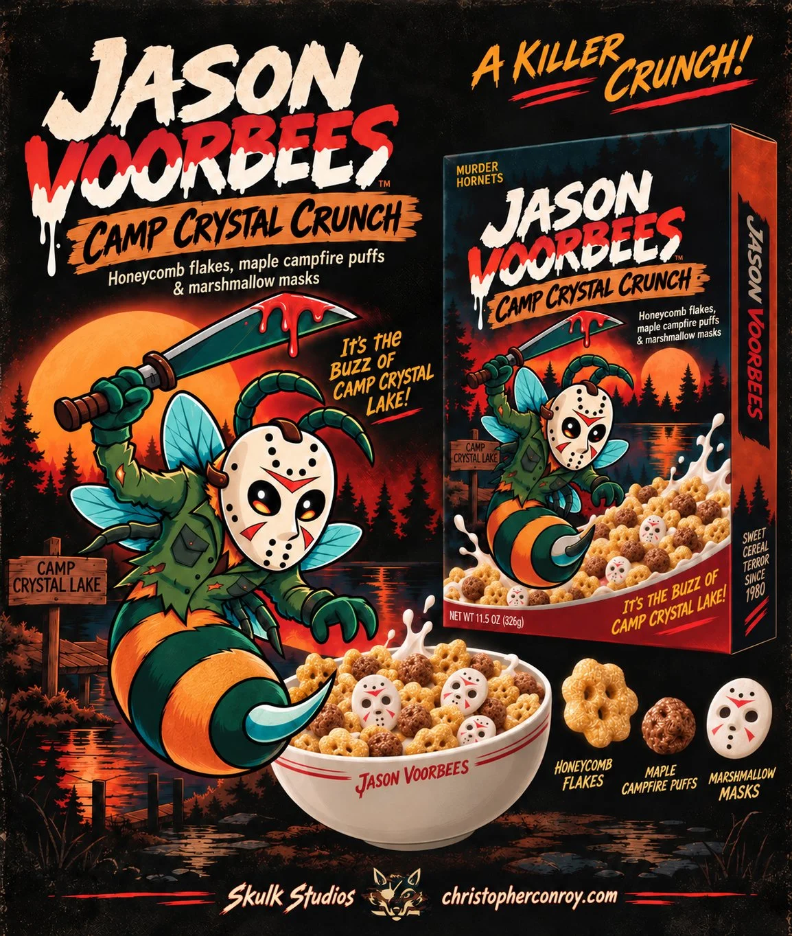 Jason Voorbees Camp Crystal Crunch cereal packaging illustration