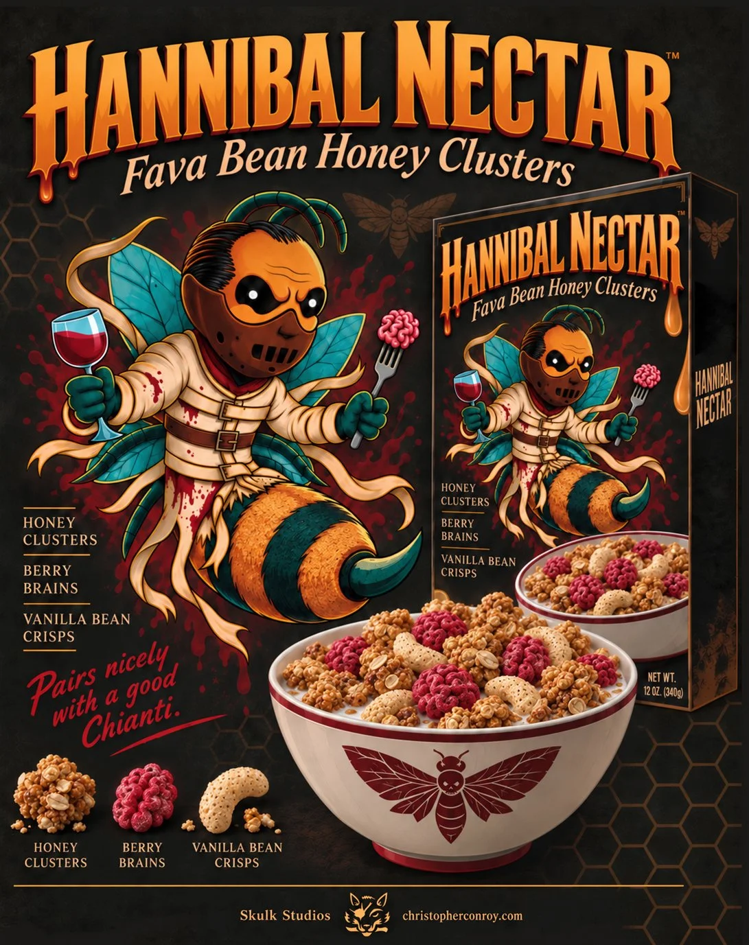 Hannibal Nectar Fava Bean Honey Clusters cereal packaging illustration