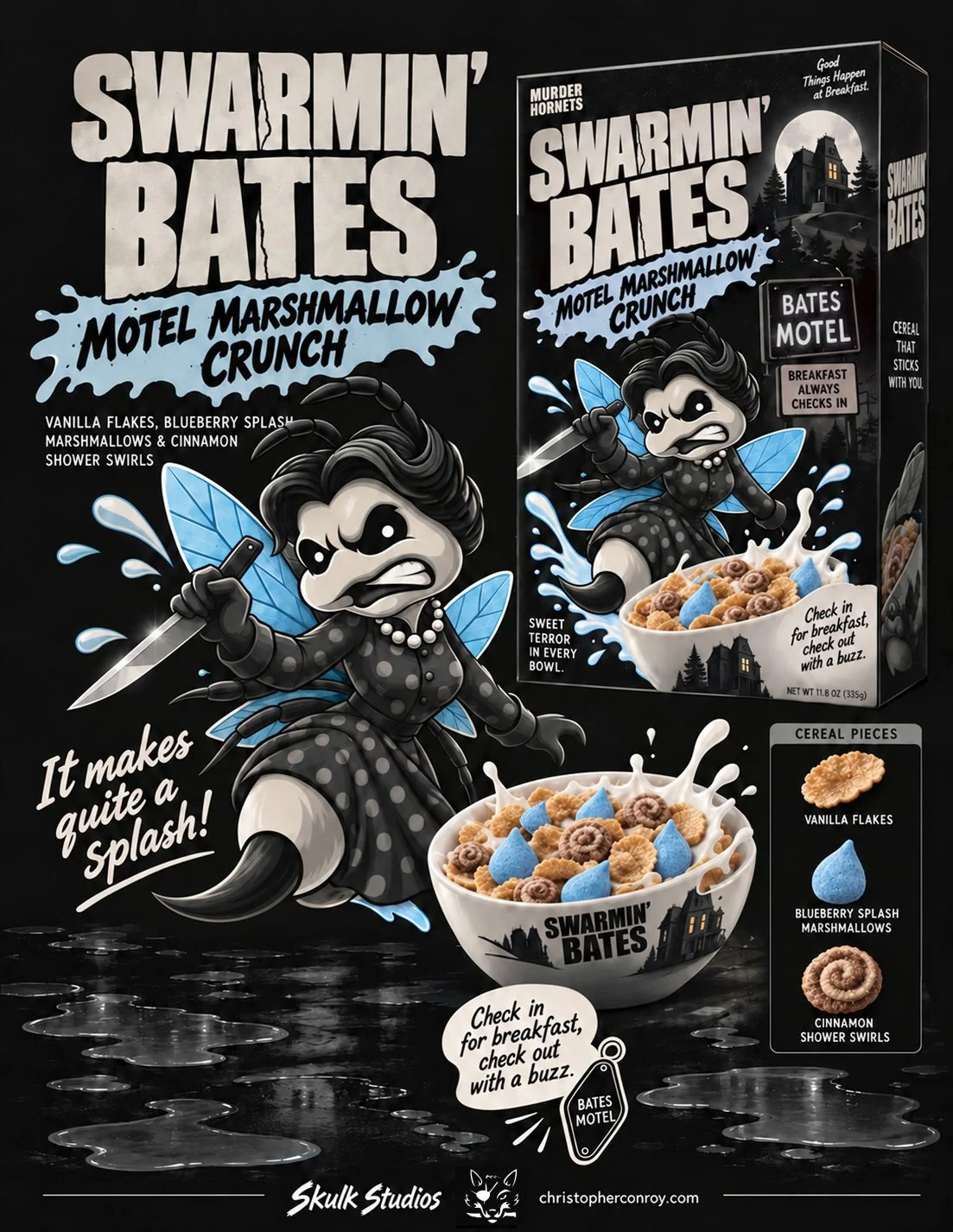 Swarmin’ Bates Motel Marshmallow Crunch cereal packaging illustration