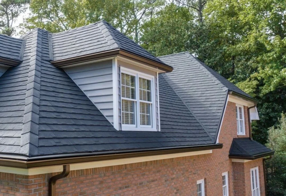 Shingle style. Metal finish. Metal roof example with a slate-inspired appearance.