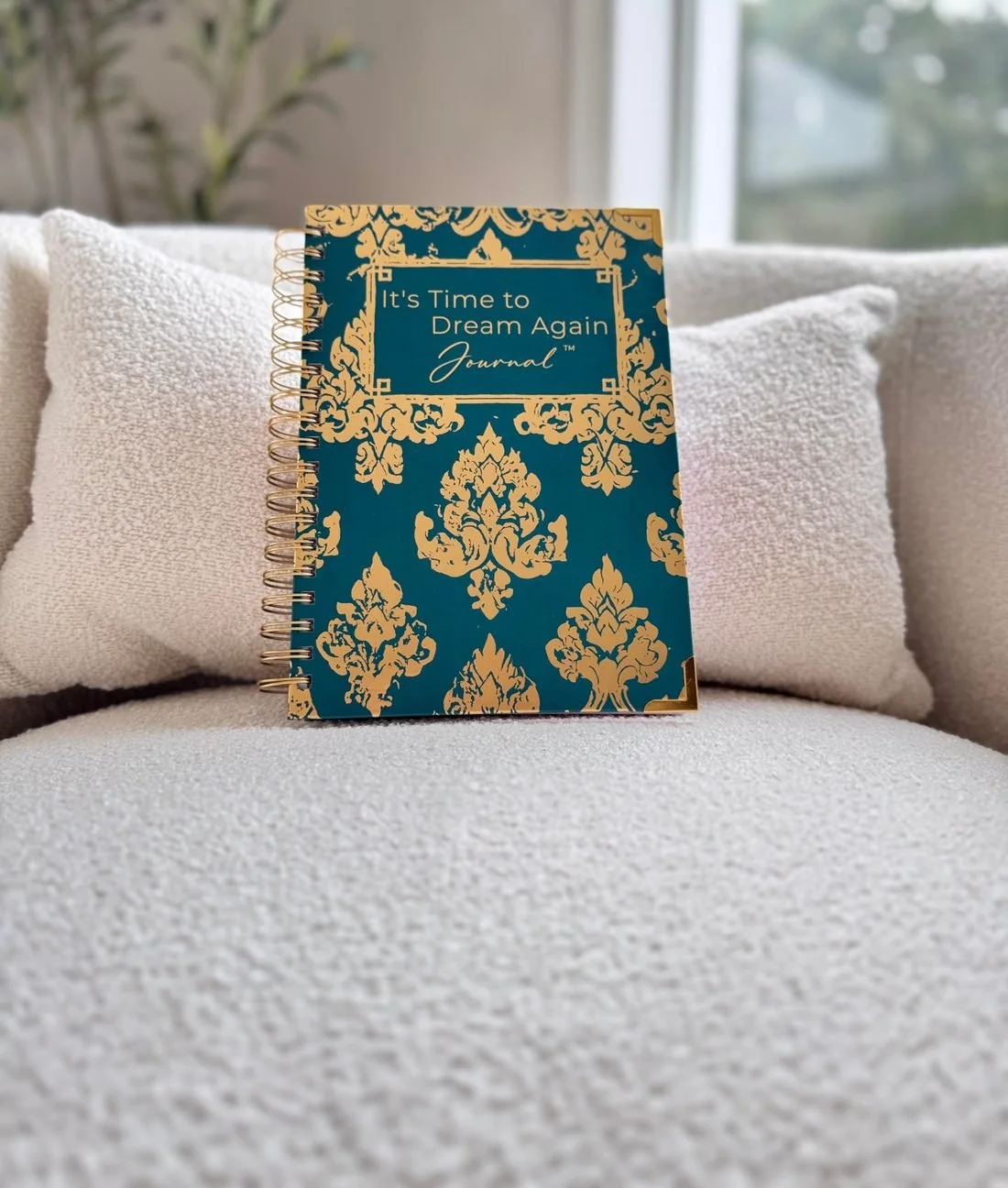 It's Time to Dream Again journal resting on a cream chair