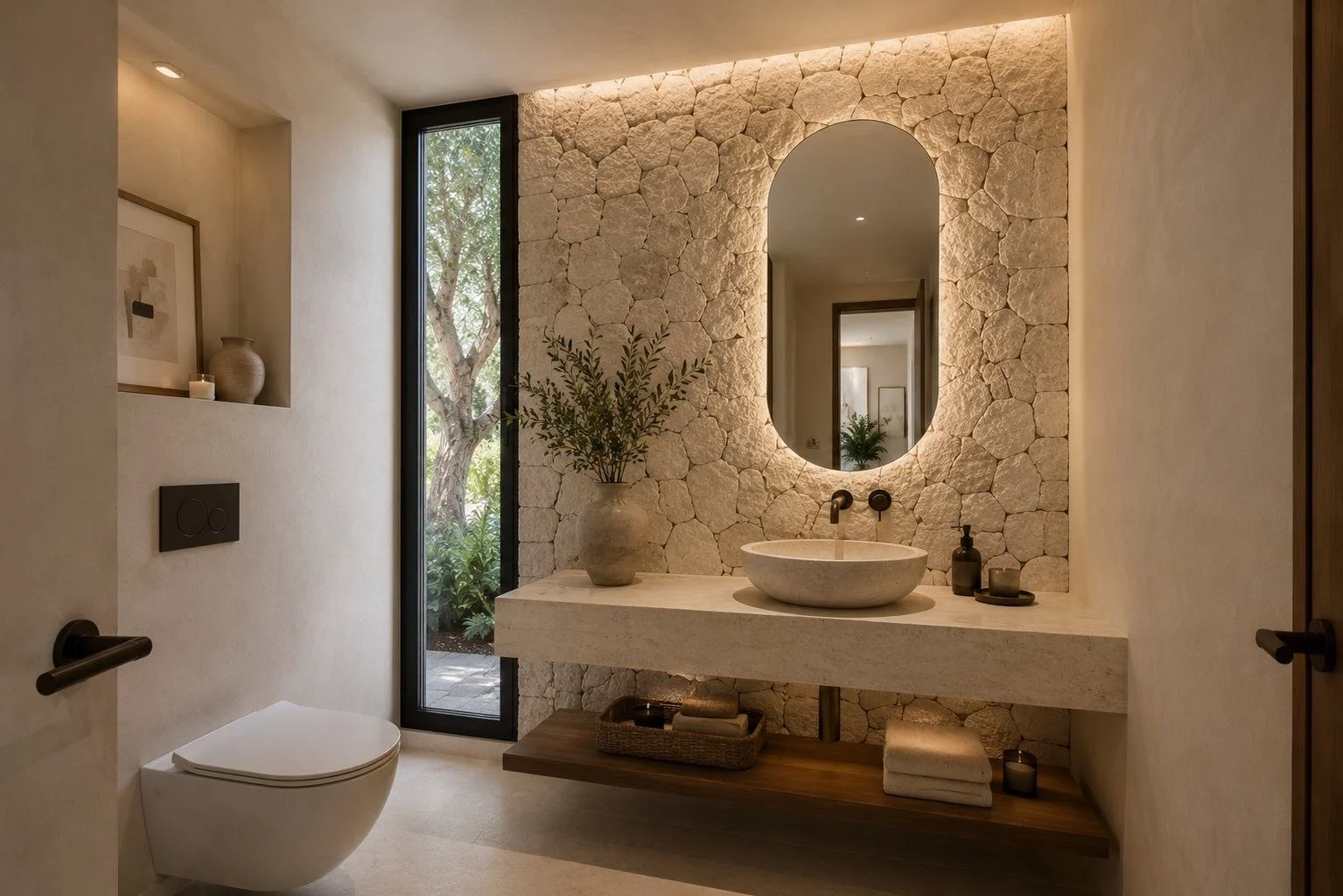 Powder room with backlit limestone wall and carved stone basin