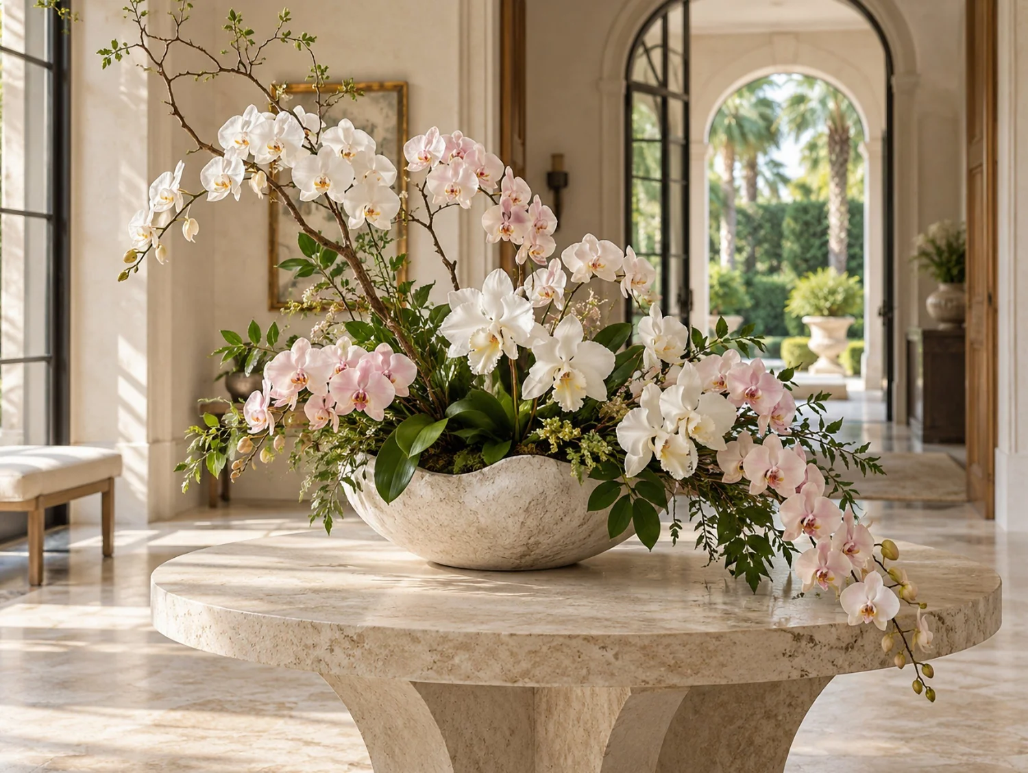 White and blush orchids with flowering branches in a carved stone bowl on a round limestone table in a sunlit foyer
