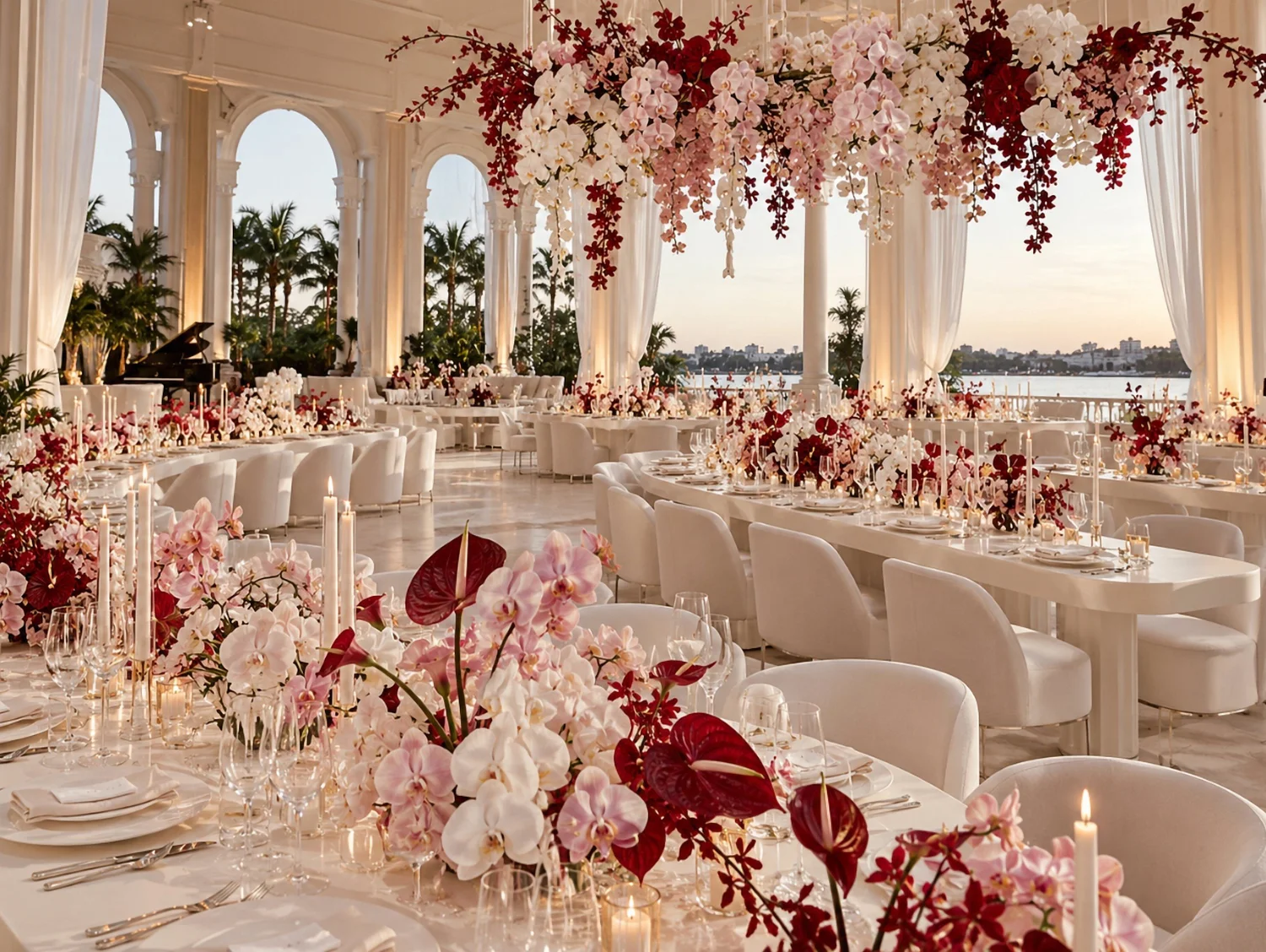 A waterfront pavilion set for a celebration, with suspended white, blush and burgundy orchids above candlelit tables