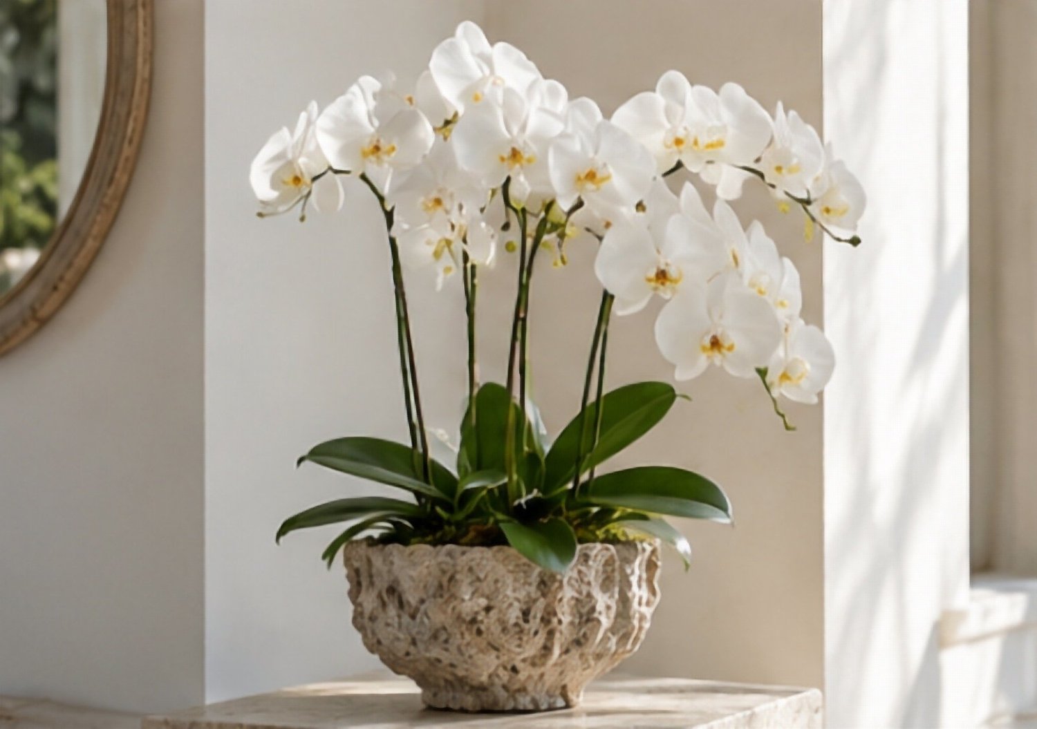 White phalaenopsis orchids in a textured stone planter