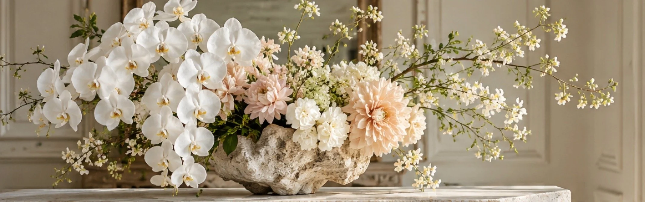 White orchids, blush dahlias and flowering branches in a carved stone vessel