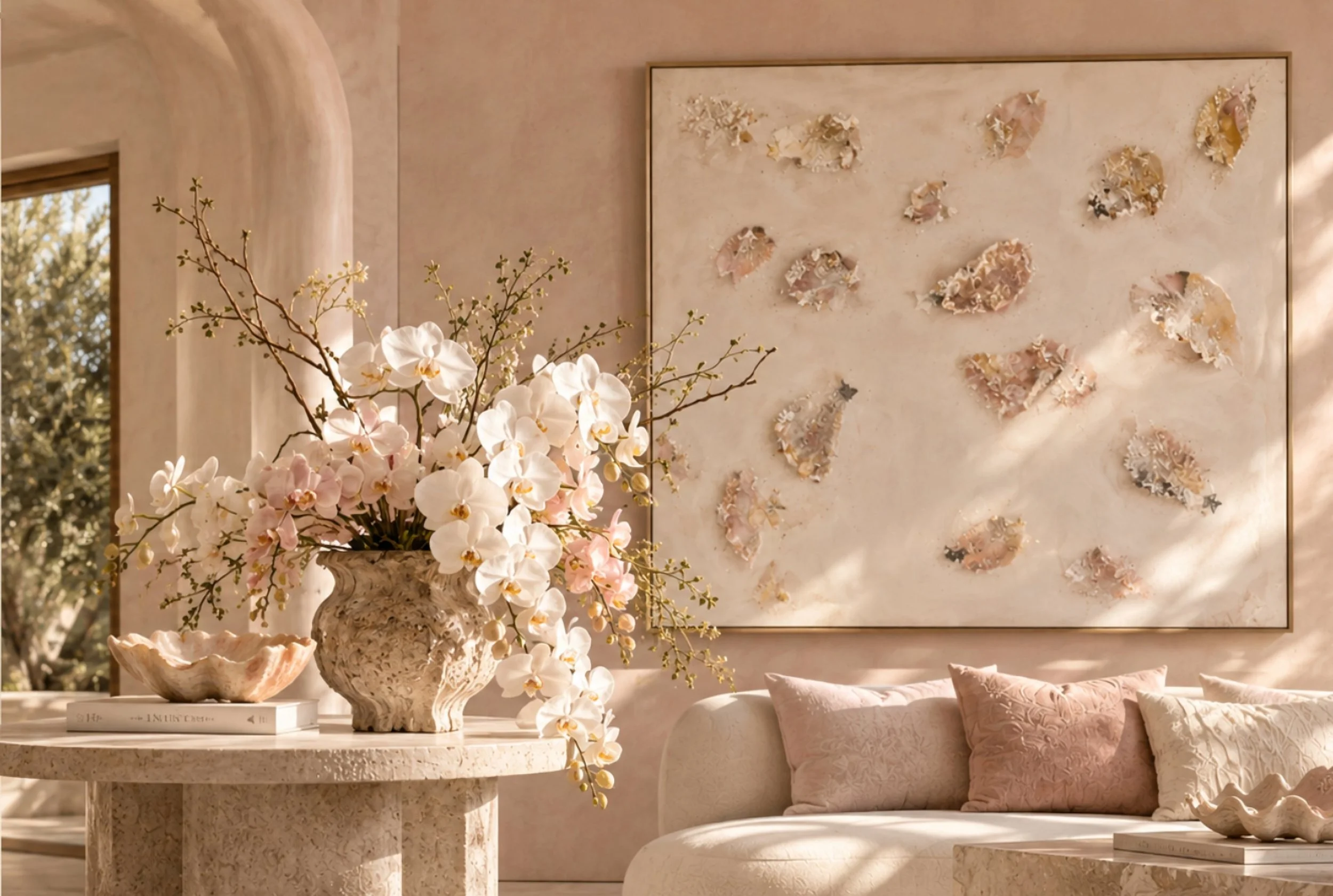 Chloe Doerge’s painting Starry Night in a sunlit plaster room with flowering branches and a linen sofa