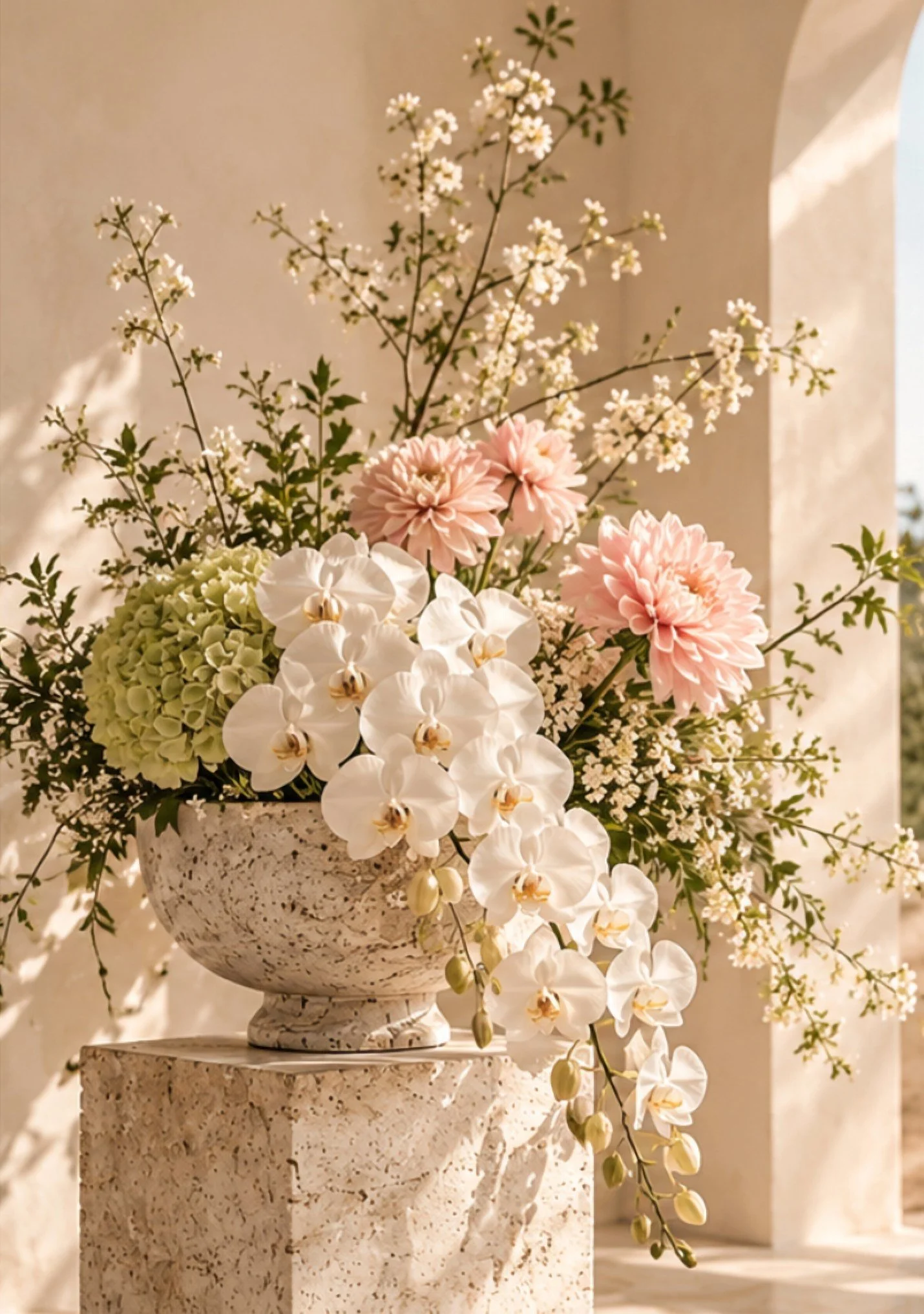 White orchids in a stone urn