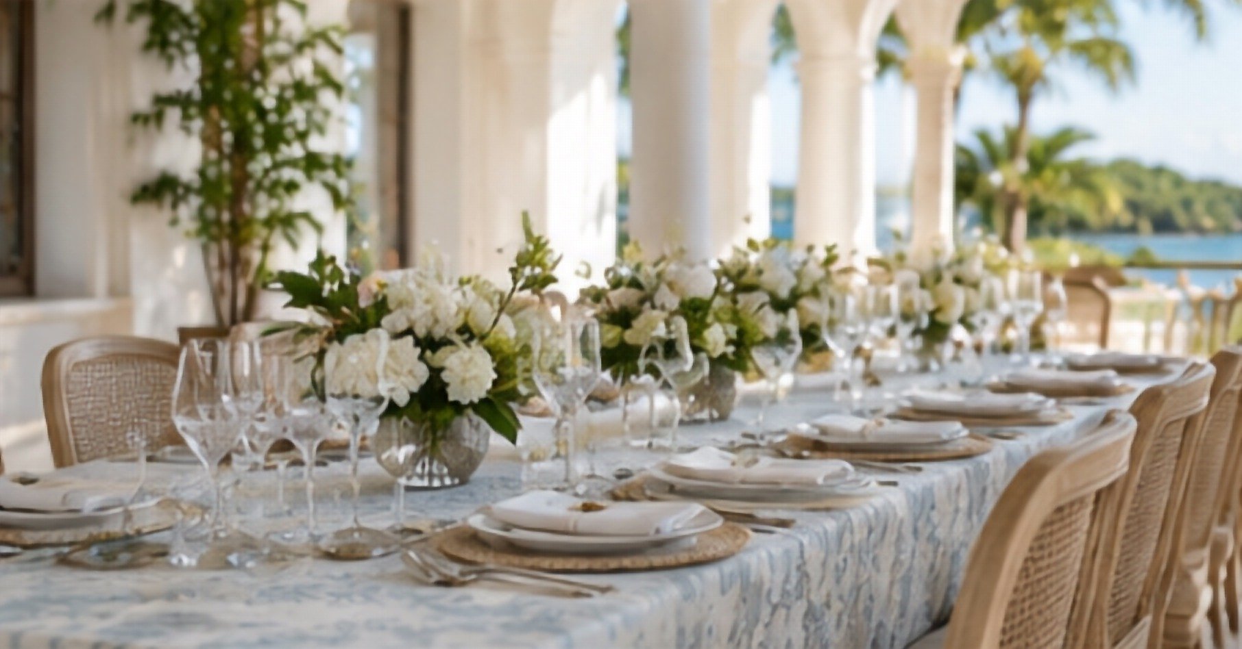 A long terrace table dressed in white florals overlooking the water