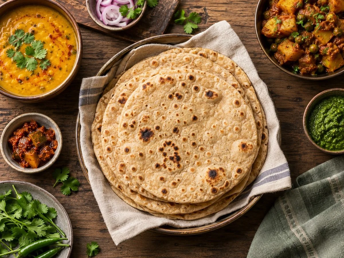 A stack of rotis in a cloth-lined plate with daal, potato curry, pickle and green chutney