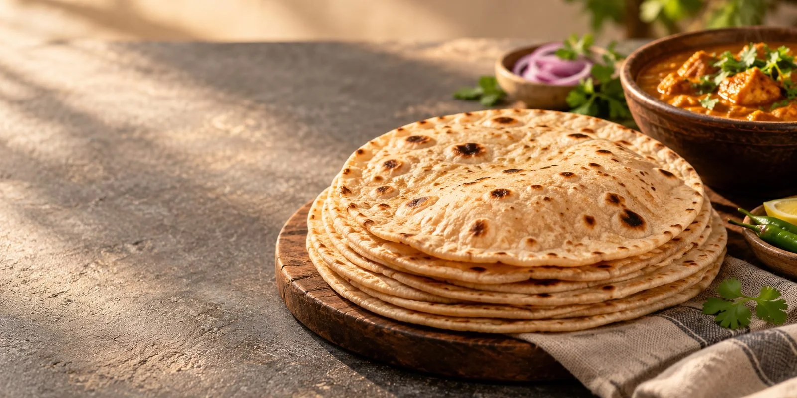 A stack of rotis on a wooden board, with curry, onions and green chilies