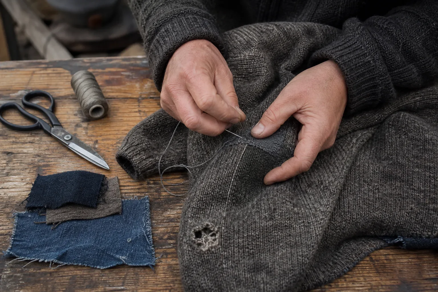 Hands mend a worn wool jacket with visible thread at a working bench.