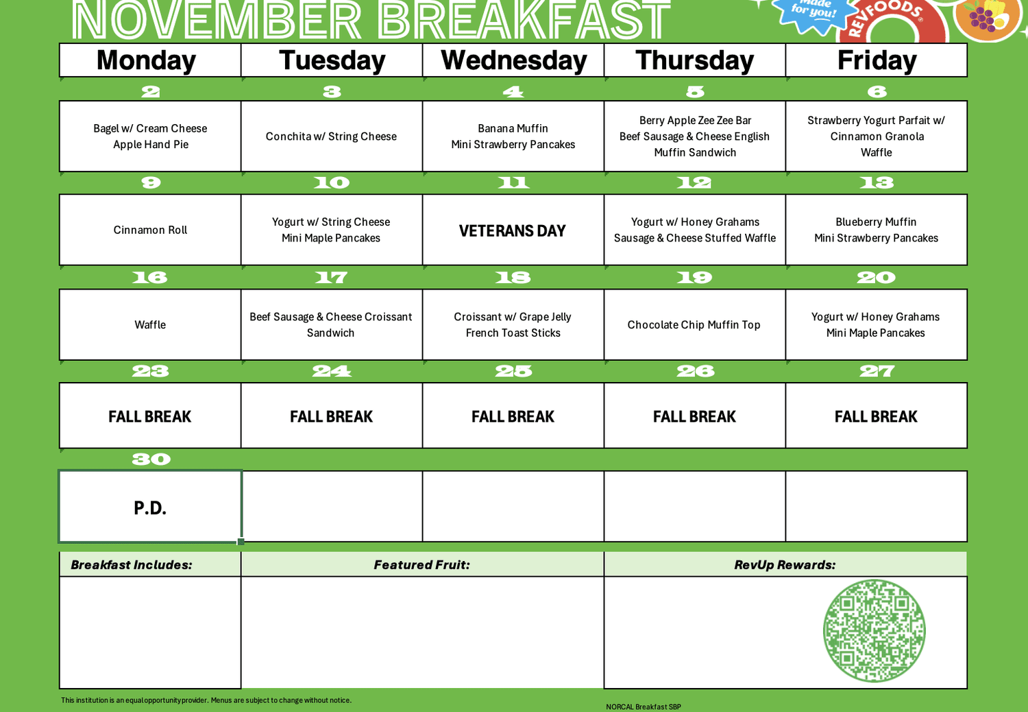 ARISE November 2026 breakfast menu