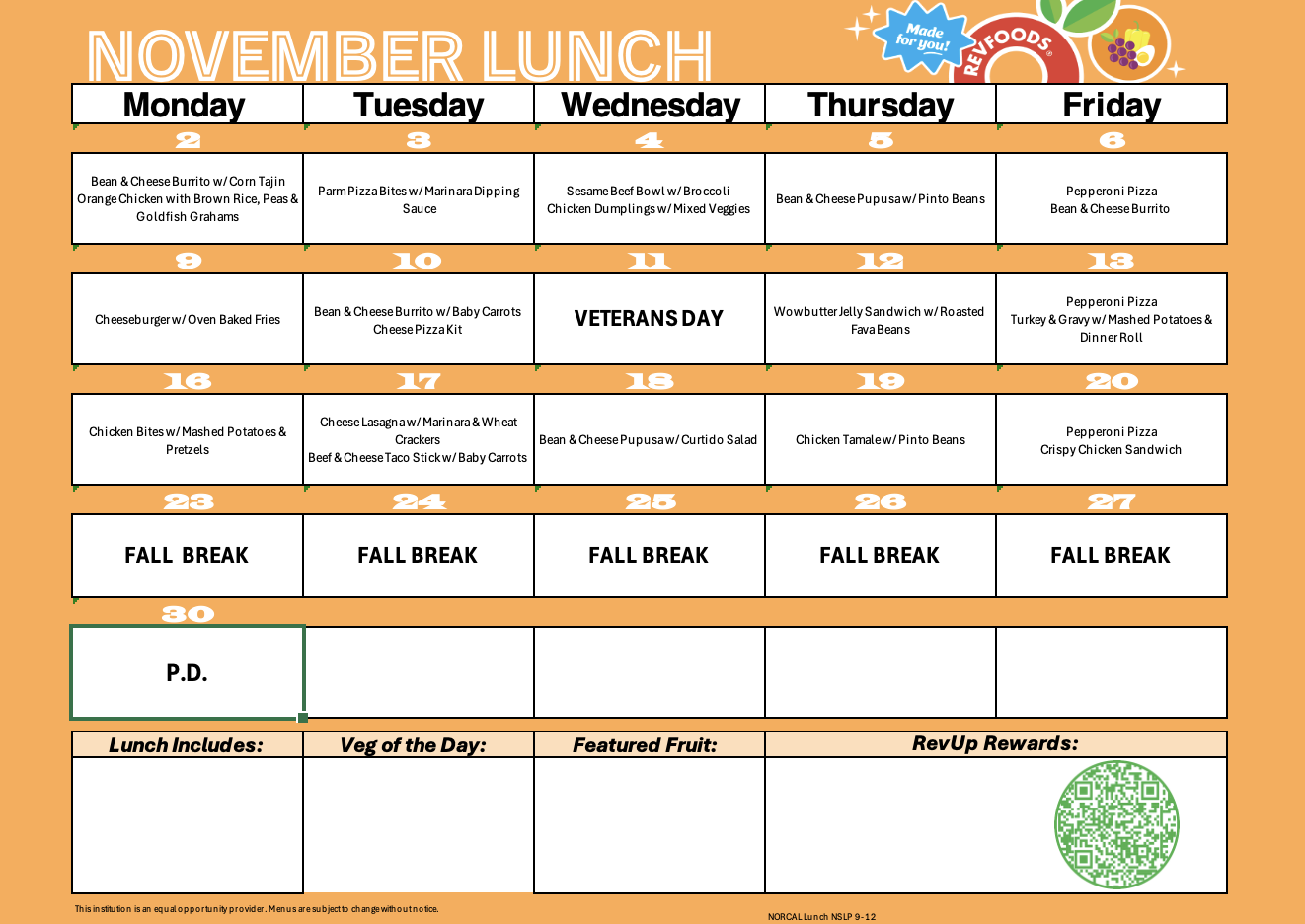 ARISE November 2026 lunch menu