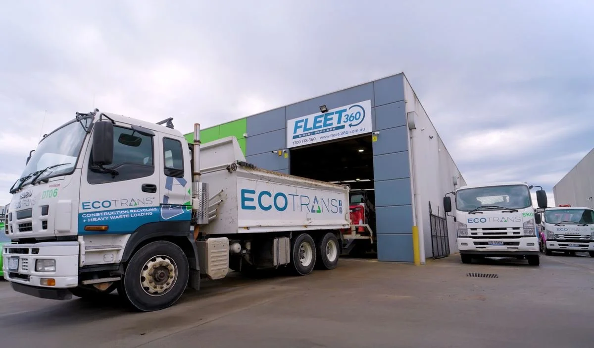 Ecotrans trucks outside the Fleet360 workshop in Hallam