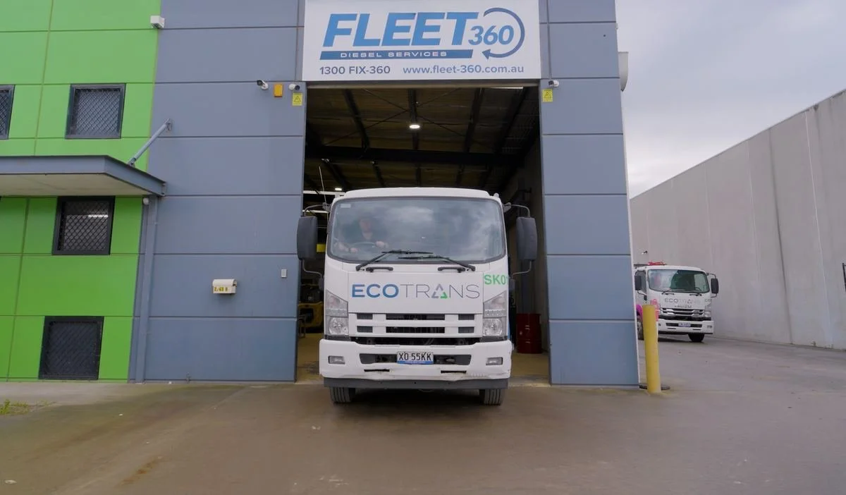 Fleet360 workshop frontage in Hallam with an Ecotrans truck in the bay